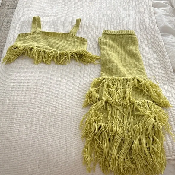 SAYLOR Chartreuse Knit Cropped Tank with Fringe - Picture 1 of 4